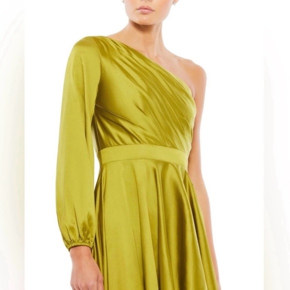 Mac Duggal Long Sleeve One Shoulder Satin High Low A-line Gown Womens 2 Green - Picture 2 of 14